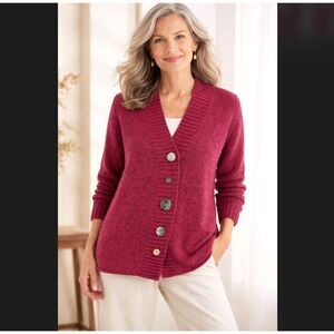 J Jill Cardigan XLP Petite Red Marled Knit Chunky Eclectic Button V Neck Ribbed